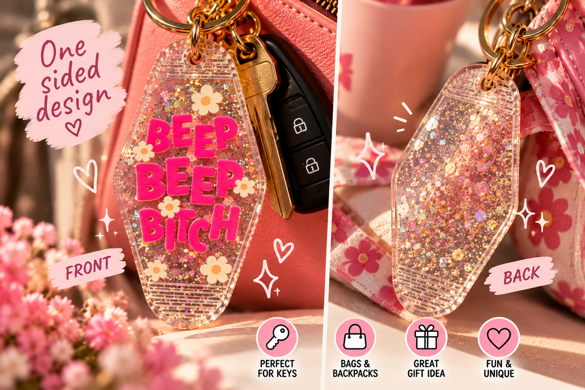 Beep Beep Bitch Glitter Motel Keychain | Funny Car Keychain
