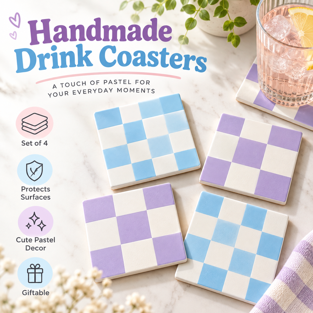 Purple & Blue Checkerboard Coasters | Set of 4