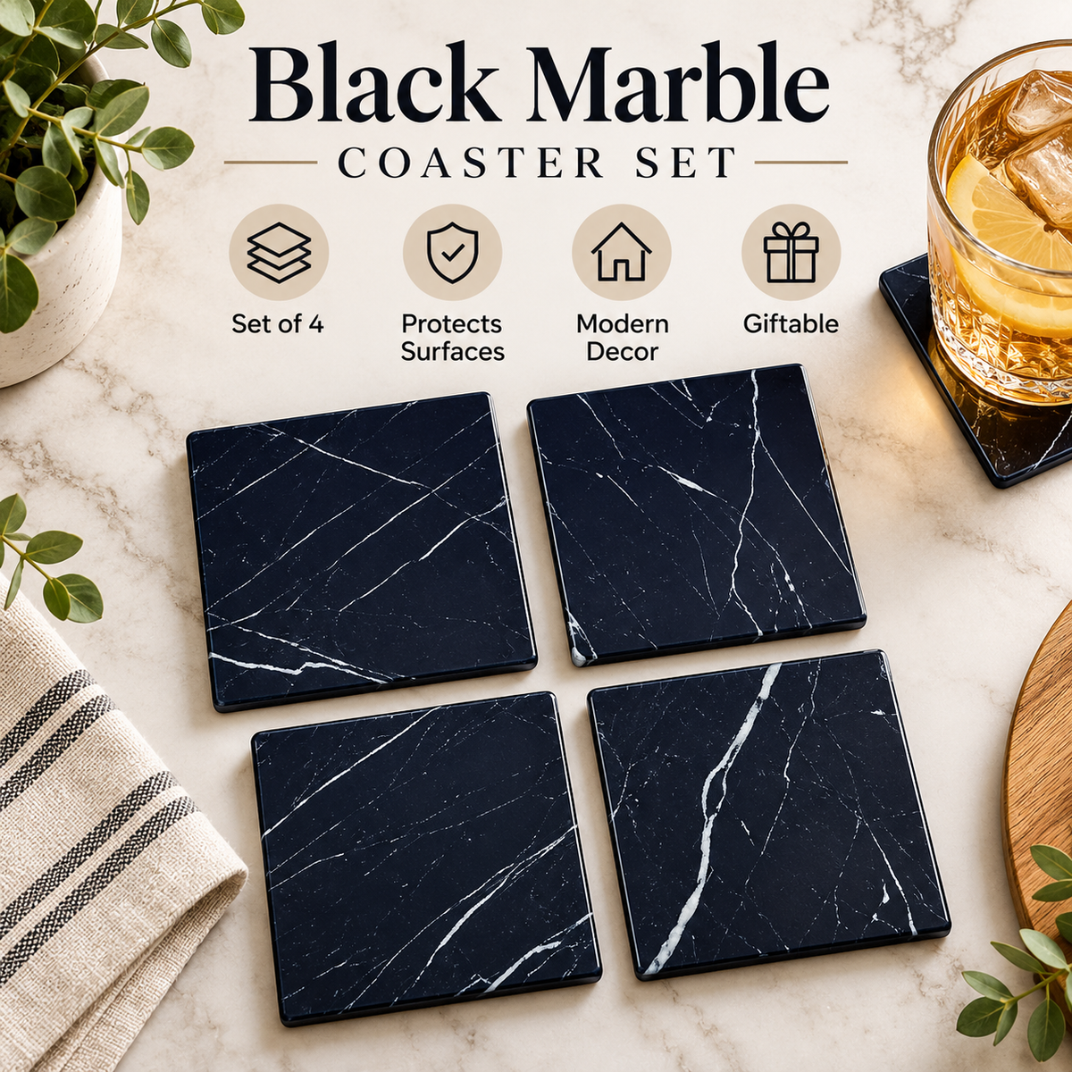 Black Marble Coasters | Set of 4