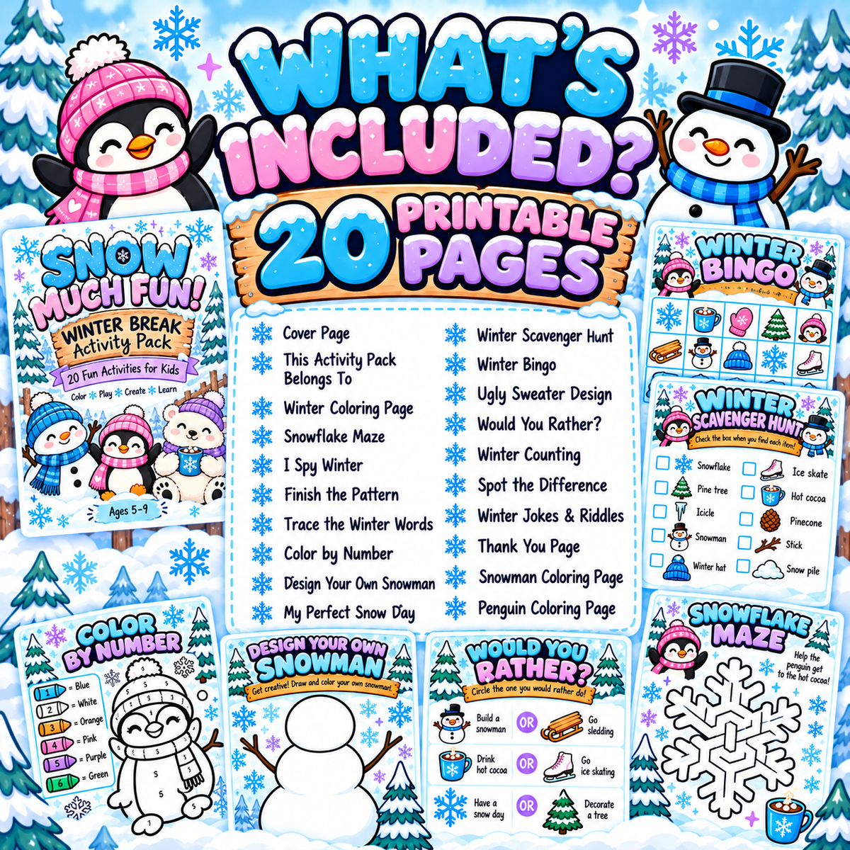 Snow Much Fun! Winter Break Activity Pack for Kids – 20 Page Printable