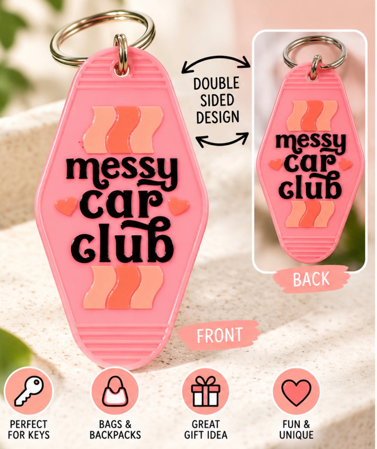 Messy Car Club Double-Sided Keychain β Pink Car Lover Keychain