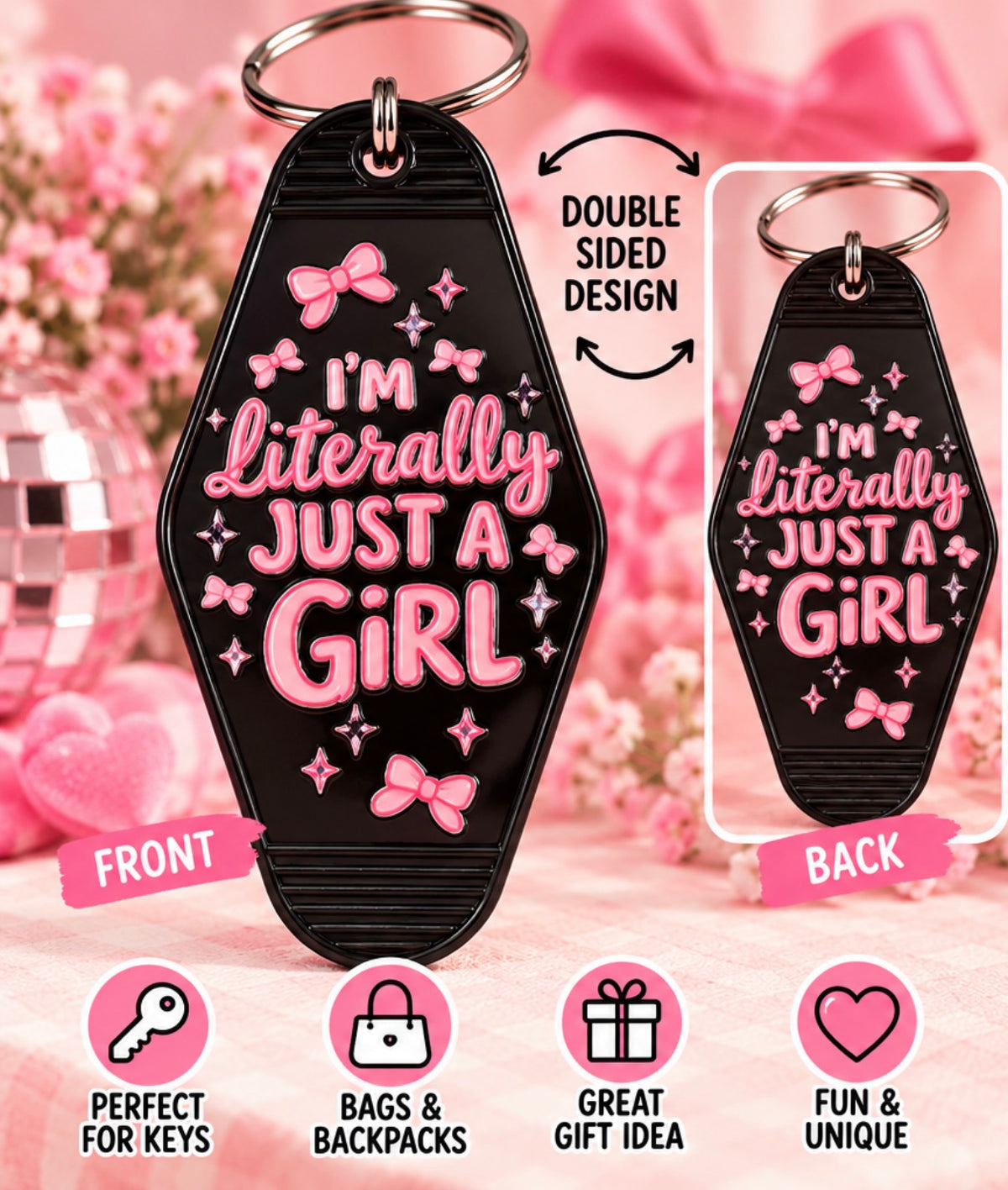 I’m Literally Just a Girl Motel Keychain | Pink Bow Keychain