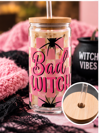 Bad Witch 16 oz glass tumbler with pink and black spider design and bamboo lid