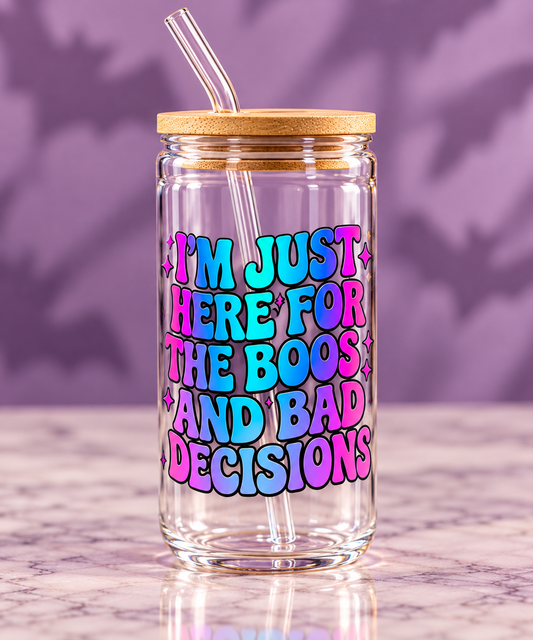 Boos & Bad Decisions 16 oz Glass Tumbler, Colorful Halloween Cup (Bamboo Lid, Glass Straw)