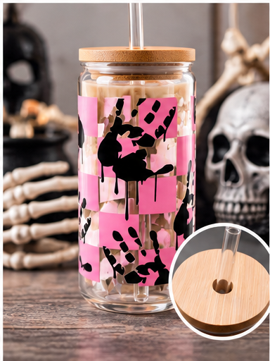 Pink Checkered Horror 16 oz glass tumbler with spooky black design and bamboo lid