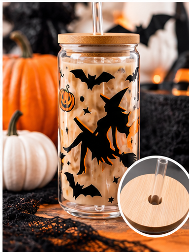 Witch 16 oz glass tumbler with black witch, bat and pumpkin design and bamboo lid