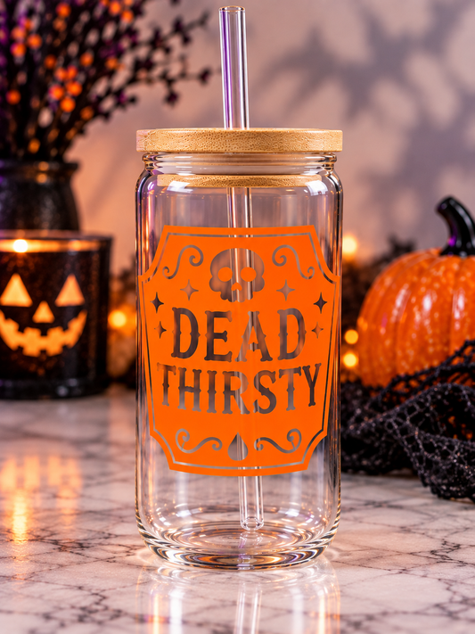 Dead Thirsty 16 oz Glass Tumbler with Bamboo Lid & Straw
