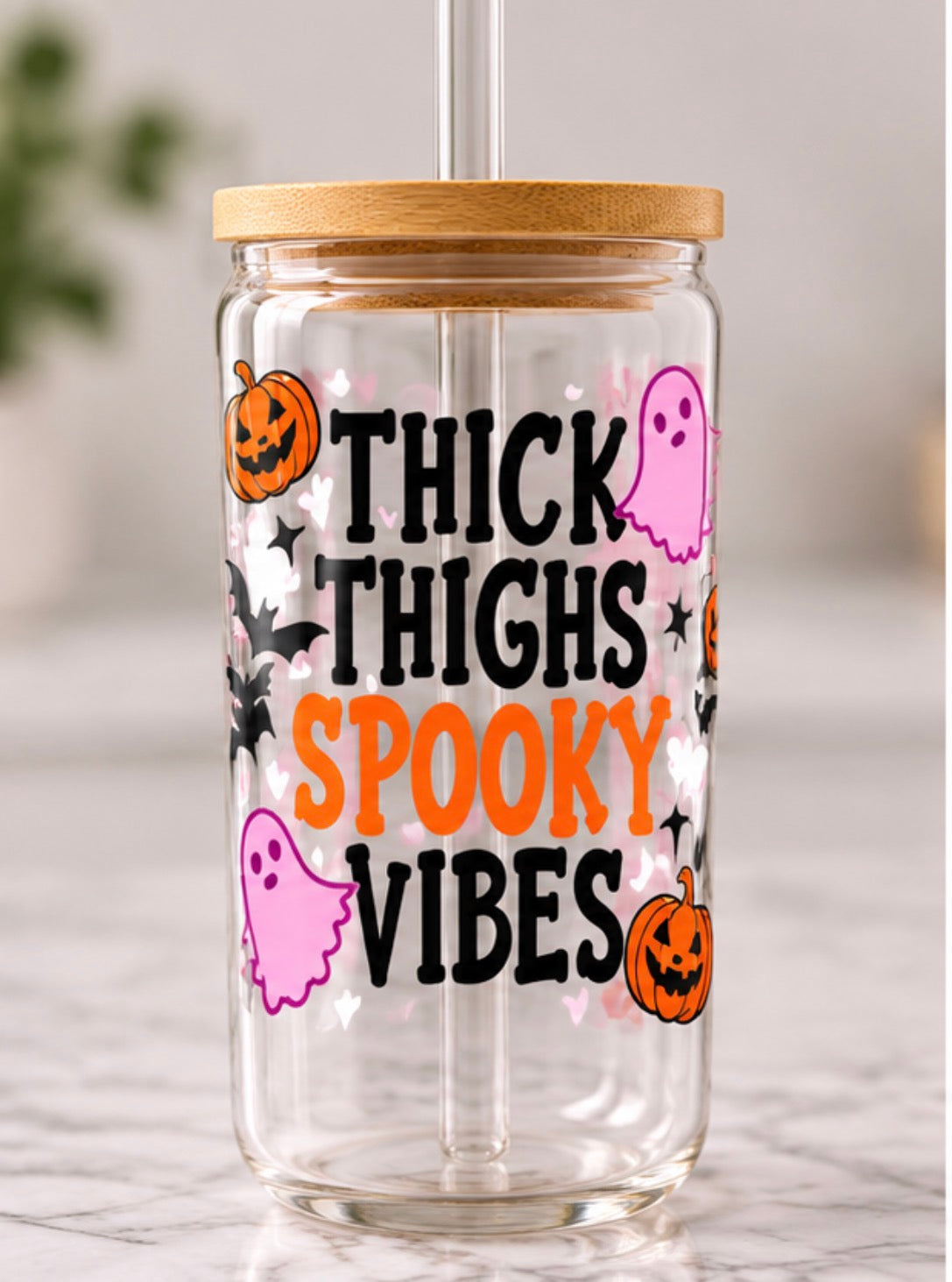 Limited Edition Thick Thighs Spooky Vibes Glass Tumbler – 16 oz