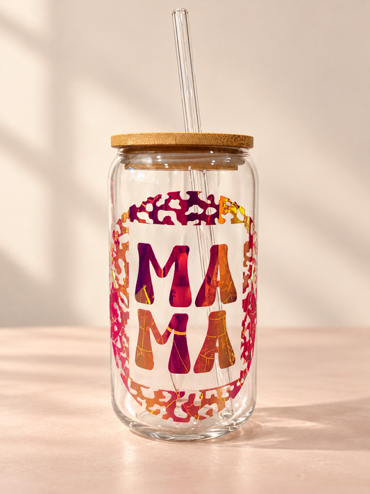 Personalized 16oz MAMA glass tumbler with pink, orange, and purple holographic leopard-print design and natural bamboo lid.