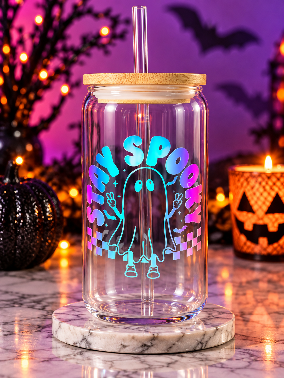 The 16 oz glass tumbler comes with a bamboo lid and reusable glass straw, making it a fun and practical choice for your favorite cold drinks.