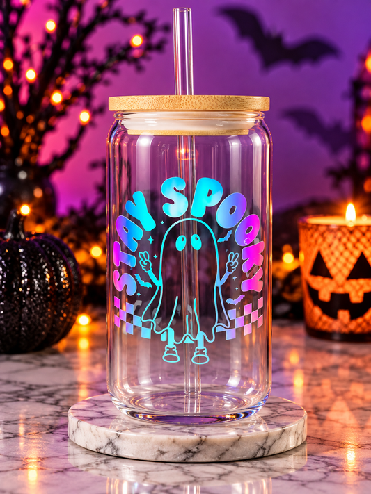 The 16 oz glass tumbler comes with a bamboo lid and reusable glass straw, making it a fun and practical choice for your favorite cold drinks.