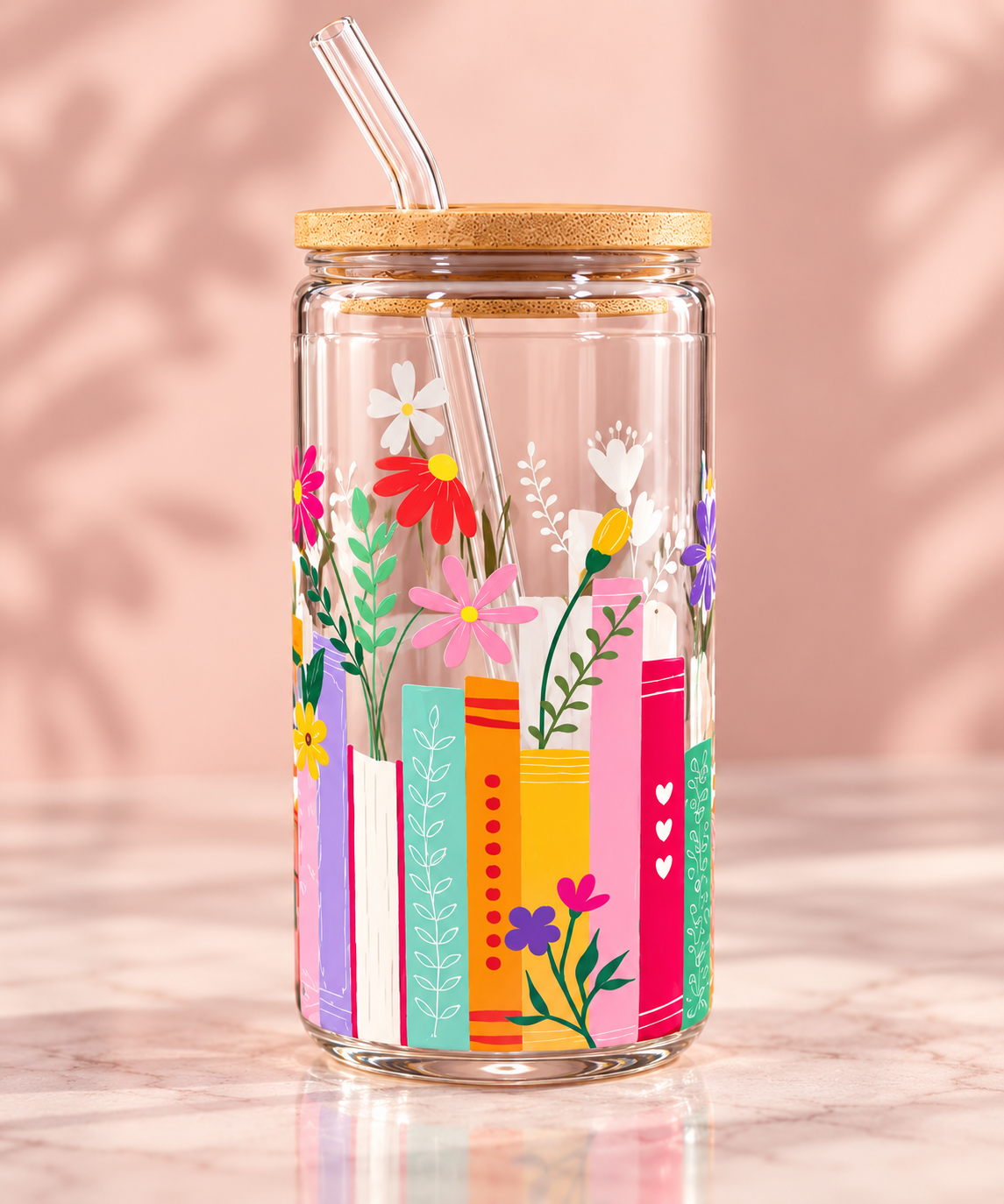 16 oz glass tumbler brings together two favorites—books and flowers—in one cozy, bookish design.