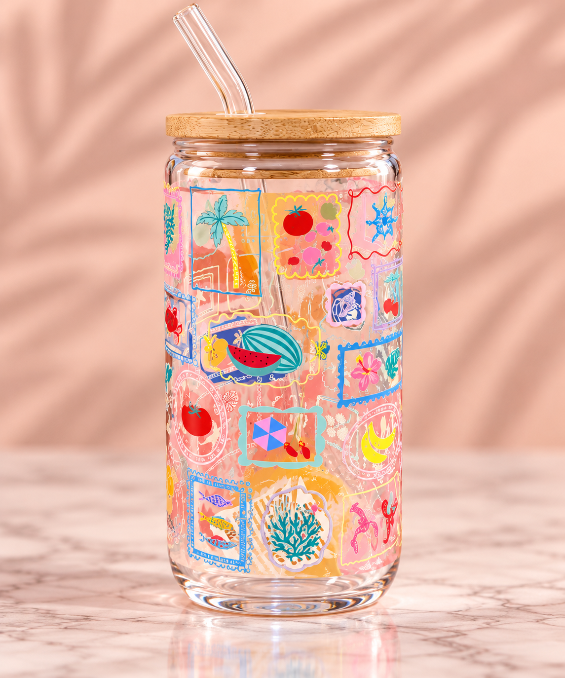 6 oz coastal glass tumbler. Featuring a fun, colorful seaside-inspired design, it’s perfect for anyone who loves the beach, ocean, seafood, and laid-back coastal style.