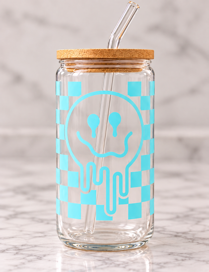 Happy Smiley 16 oz Glass Tumbler | Cute Checkered Cup