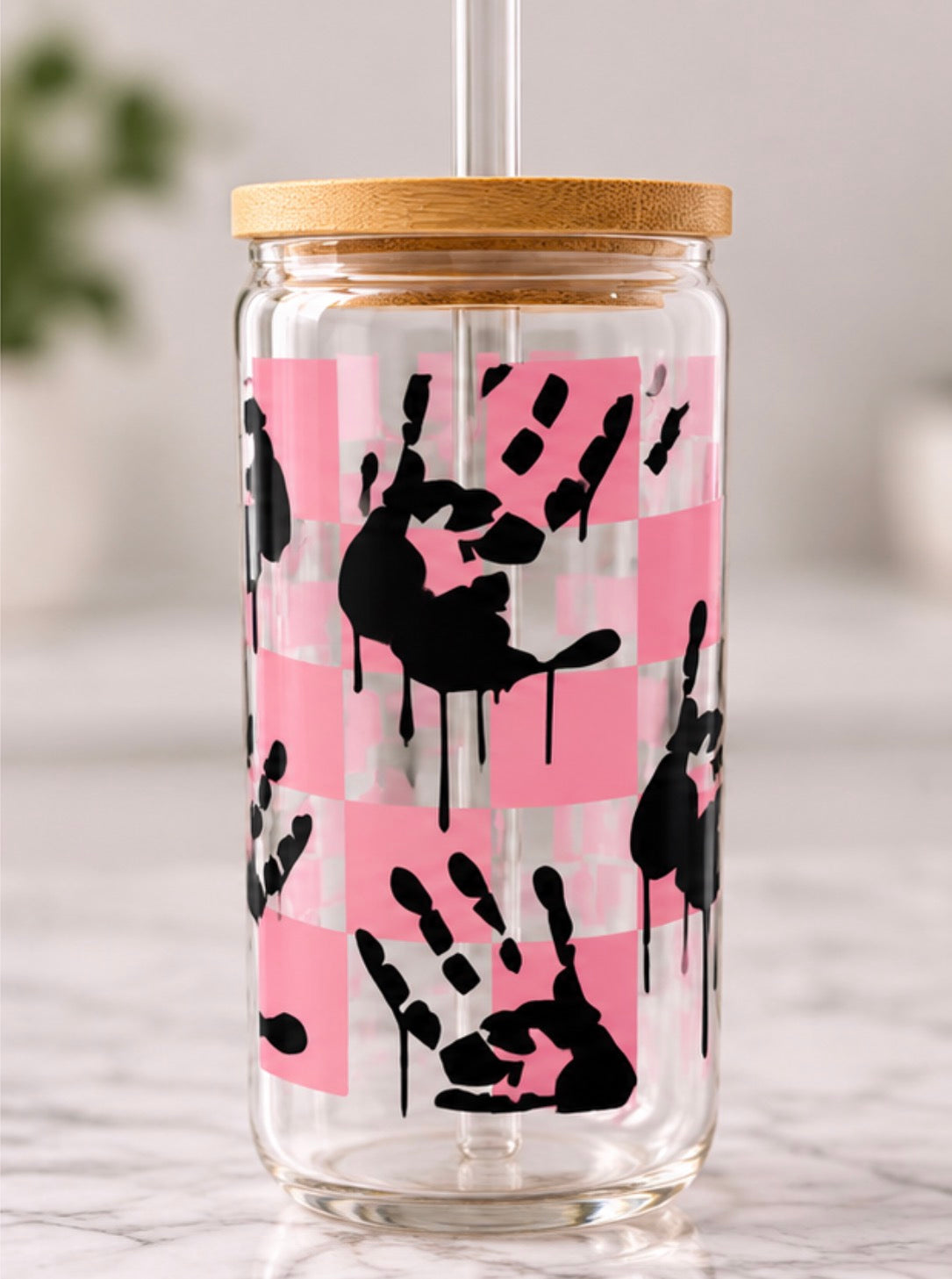 Limited Edition Pink Checkered Horror Glass Tumbler – 16 oz