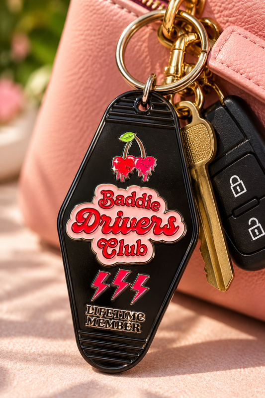 Black Baddie Drivers Club motel keychain with red cherries, pink lightning bolts and Lifetime Member lettering