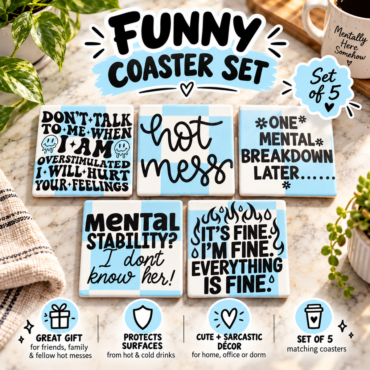 Funny Mental Health Coasters | Set of 5