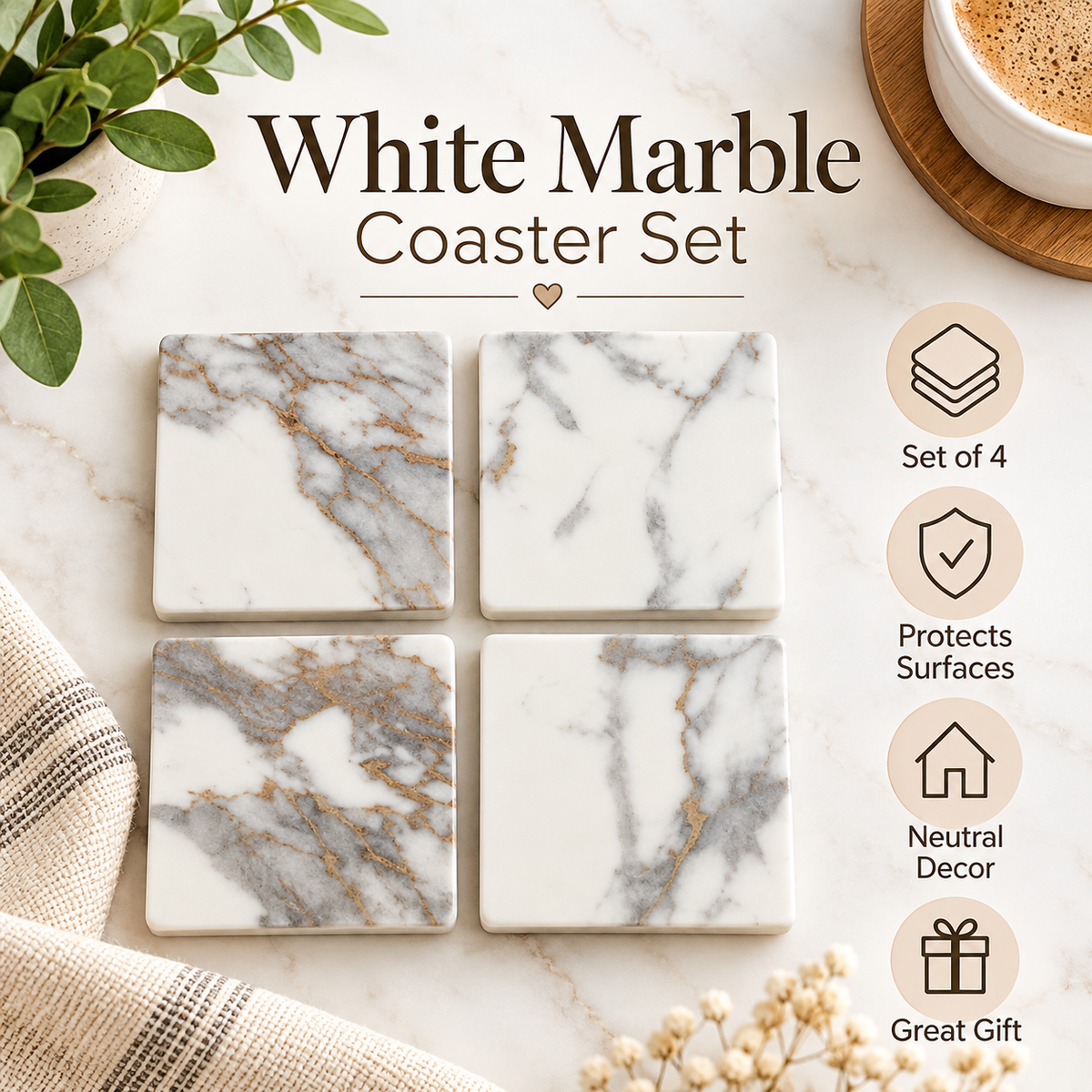 White Marble Coasters | Set of 4