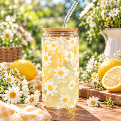 Daisy Flower 16 oz glass tumbler with white daisy design and bamboo lid