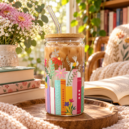 Book Lover 16 oz glass tumbler with colorful books and flowers design and bamboo lid