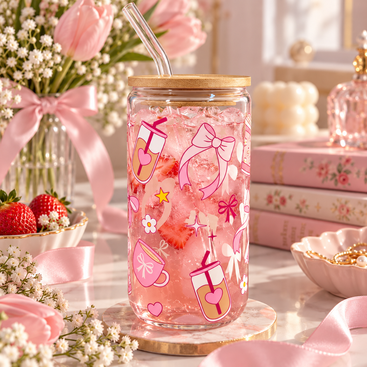Pink Bow 16 oz glass tumbler with pink bow and strawberry design and bamboo lid