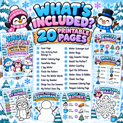 Snow Much Fun! Winter Break Activity Pack for Kids – 20 Page Printable
