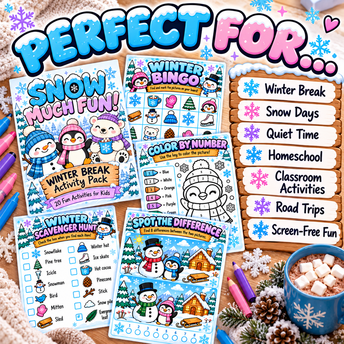 Snow Much Fun! Winter Break Activity Pack for Kids – 20 Page Printable