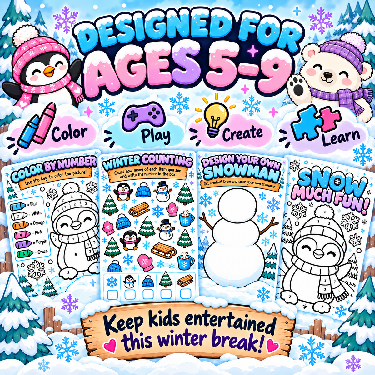 Snow Much Fun! Winter Break Activity Pack for Kids – 20 Page Printable