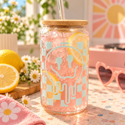 Happy Smiley 16 oz glass tumbler with checkered smiley design and bamboo lid