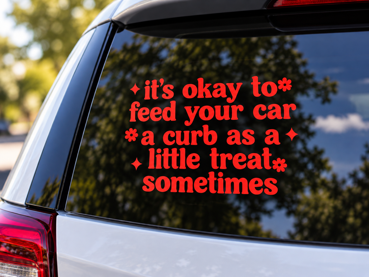 Funny Pink Car Decal, Curb Treat, Retro Style, Flower Sparkle Accents (6"x4")