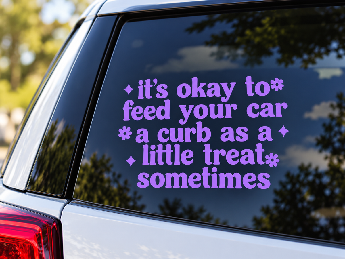 Funny Pink Car Decal, Curb Treat, Retro Style, Flower Sparkle Accents (6"x4")