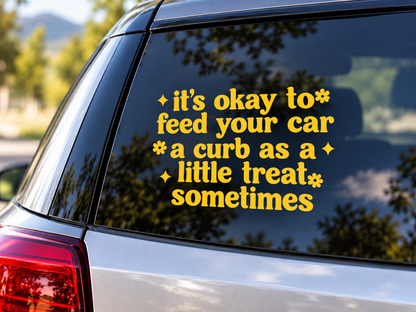 Funny Pink Car Decal, Curb Treat, Retro Style, Flower Sparkle Accents (6"x4")
