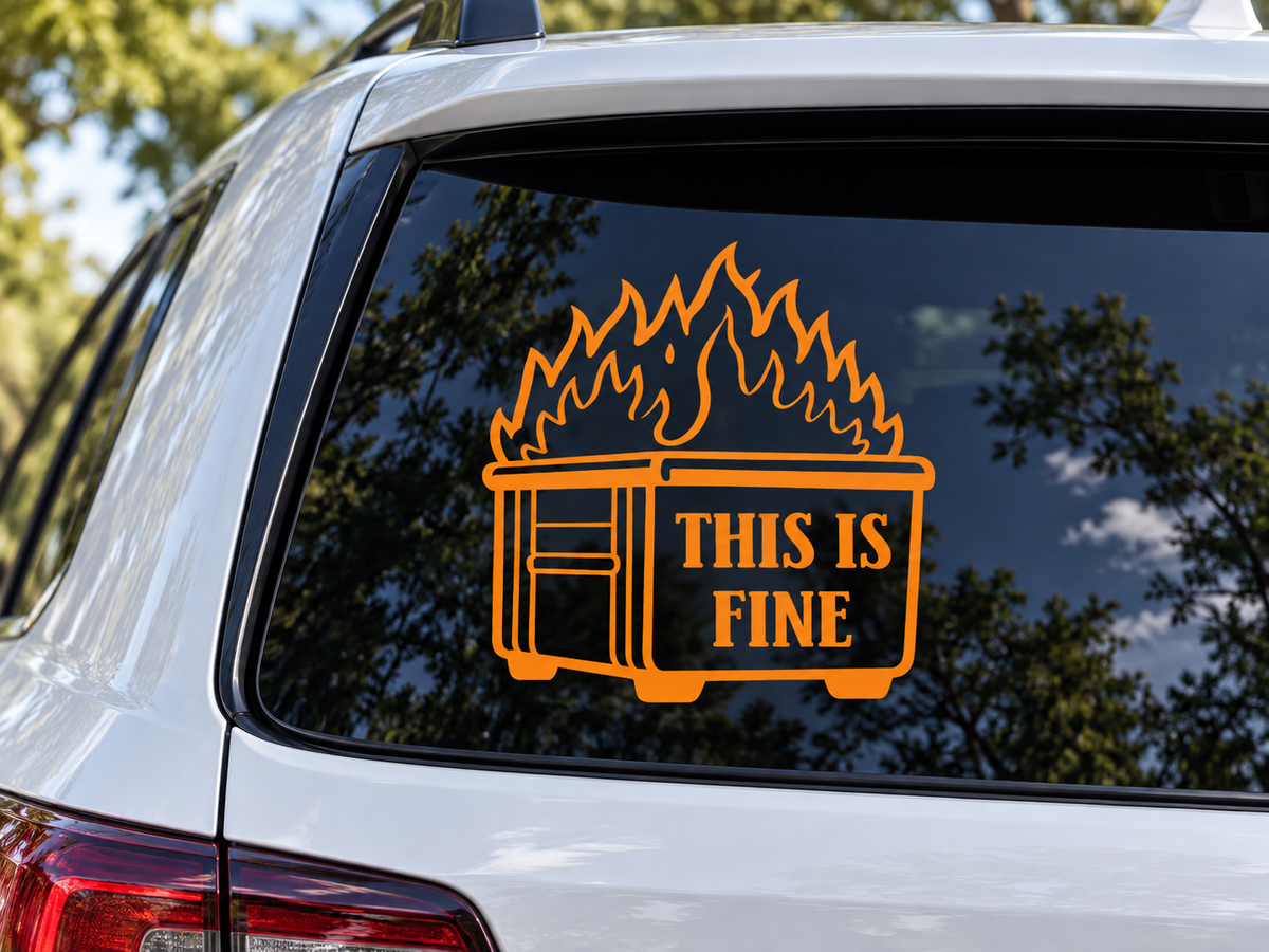 This Is Fine Car Decal, Dumpster Fire Sticker, Funny Window Decal, Sarcastic Driver Gift