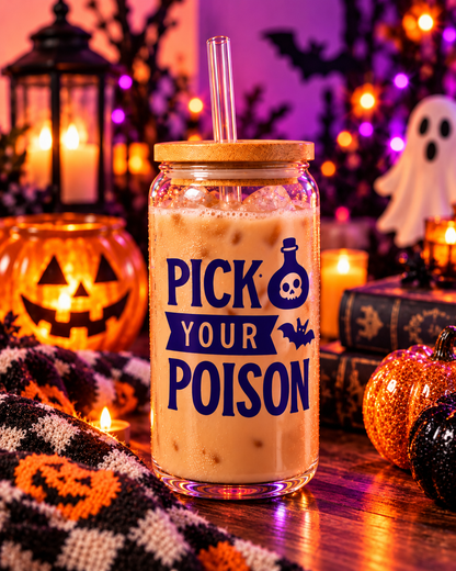 Pick Your Poison 16 oz glass tumbler with skull design and bamboo lid