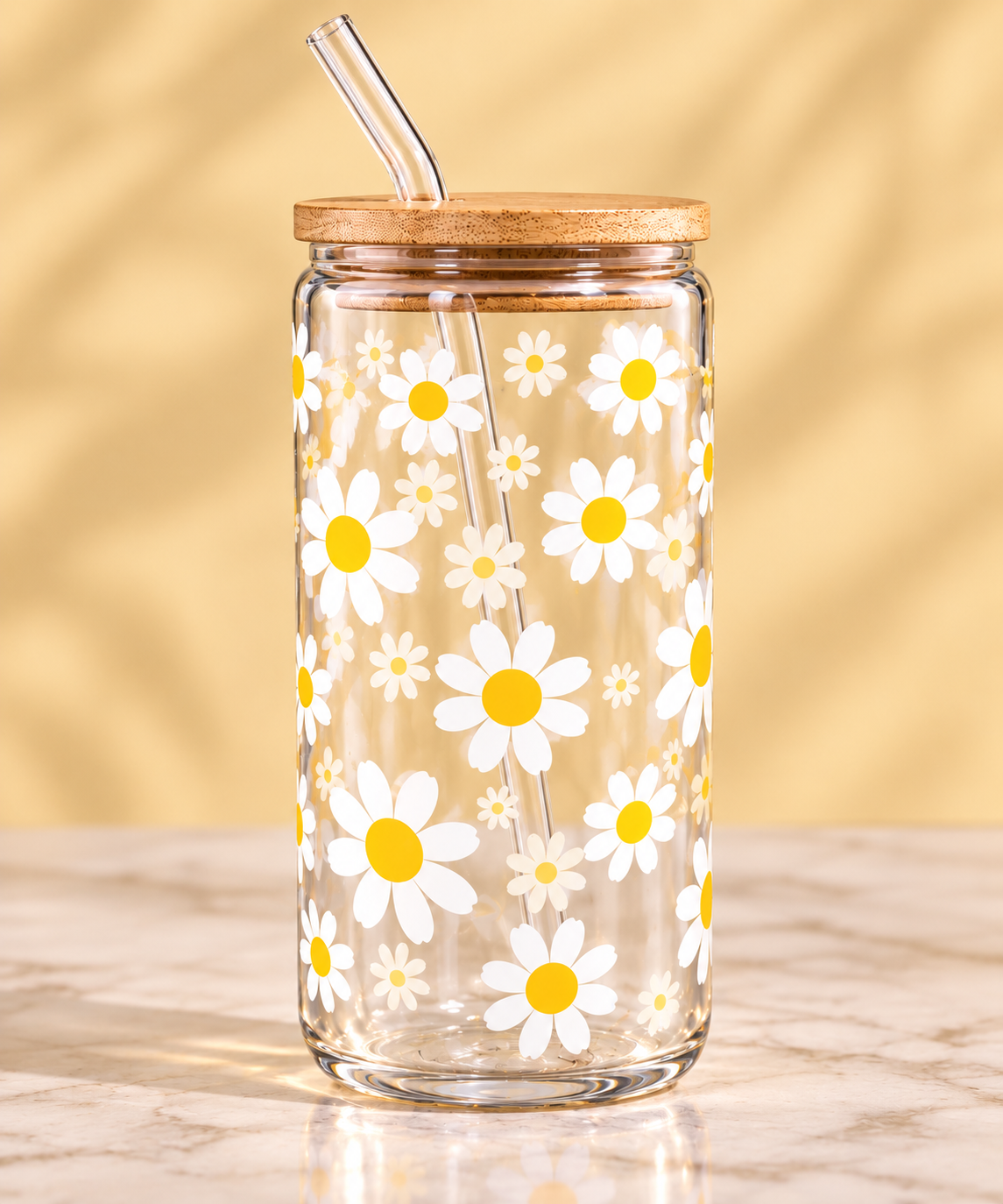 16 oz daisy flower glass tumbler. The cheerful floral design gives this cup a fresh, playful feel that’s perfect for brightening up your everyday drinks.