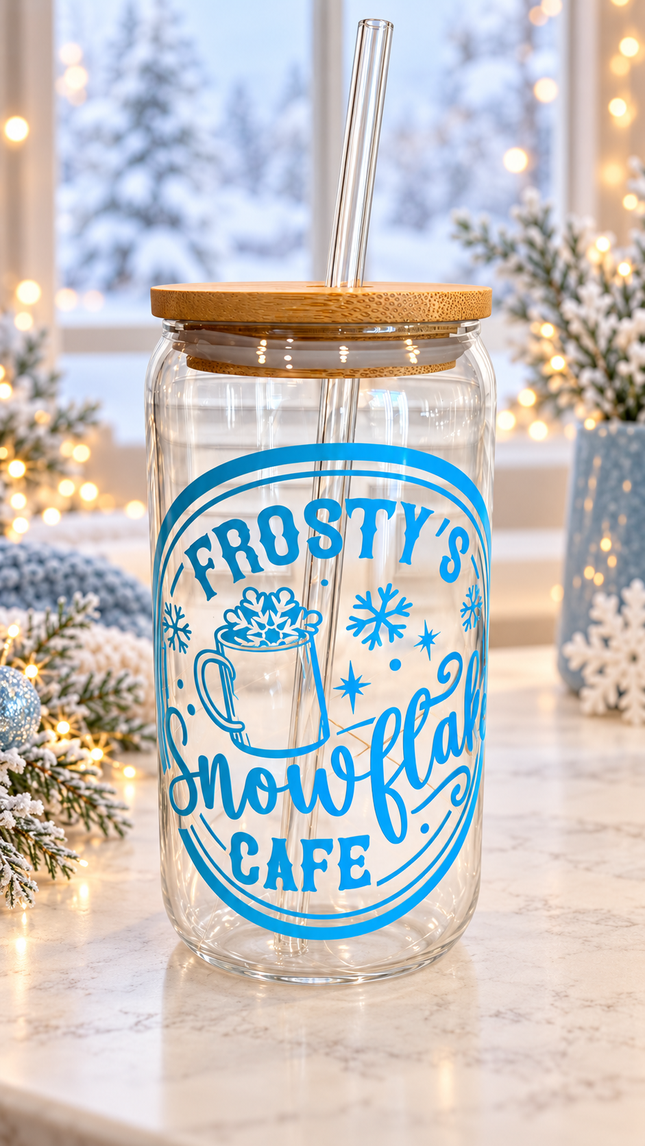 Clear glass tumbler with bright blue Frosty’s Snowflake Cafe lettering, a mug illustration, and snowflakes, topped with a bamboo lid and glass straw.