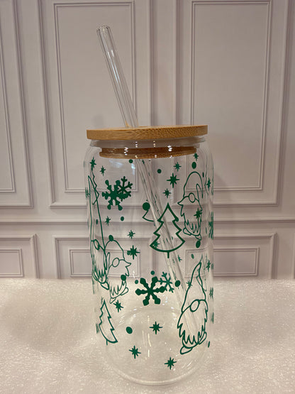 Christmas Gnome Glass Tumbler – 16 oz, Custom Vinyl Color