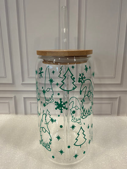 Christmas Gnome Glass Tumbler – 16 oz, Custom Vinyl Color