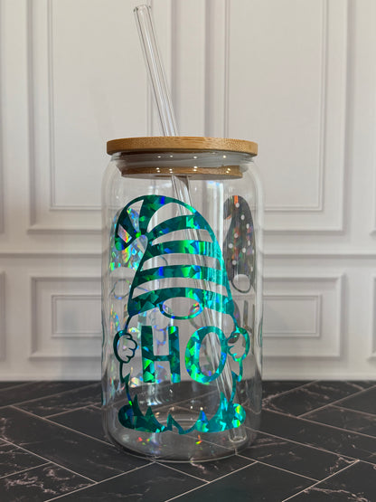 HOHOHO Christmas Gnome Glass Tumbler – 16 oz, Custom Vinyl Colors