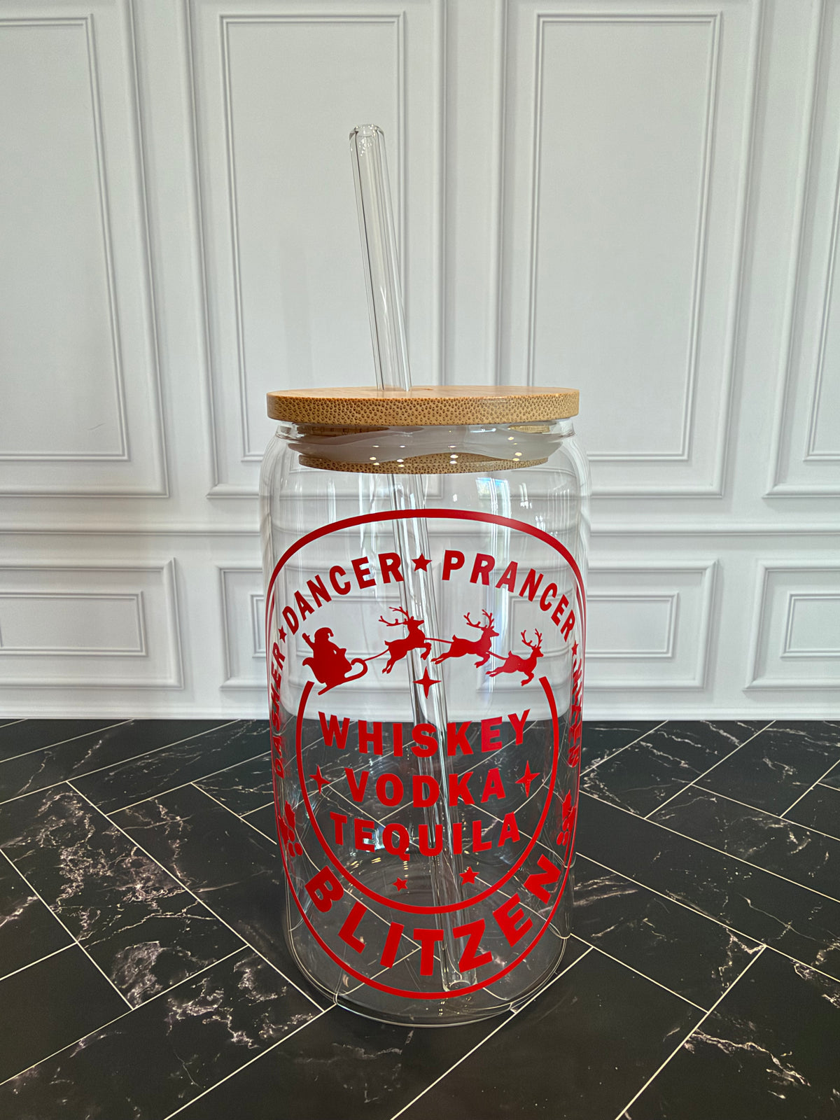 Funny Blitzen Christmas Glass Tumbler – 16 oz, Custom Vinyl Color
