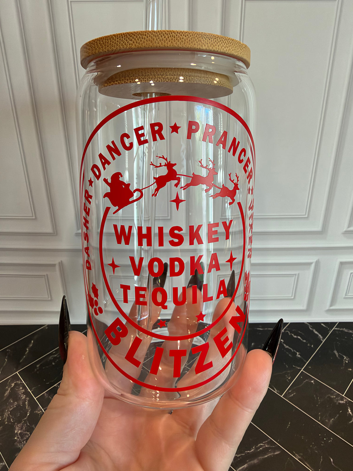 Funny Blitzen Christmas Glass Tumbler – 16 oz, Custom Vinyl Color