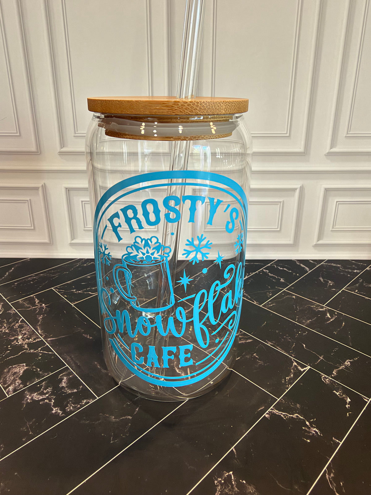 Frosty’s Snowflake Cafe Glass Tumbler – 16 oz, Custom Vinyl Color