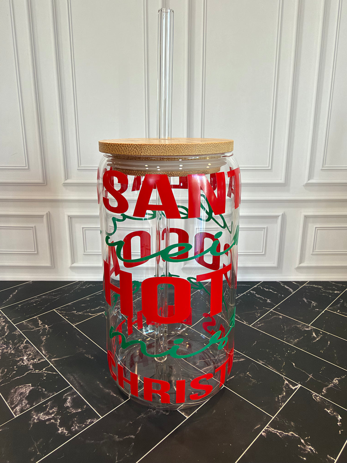 Christmas Words Glass Tumbler – 16 oz, Custom Vinyl Colors