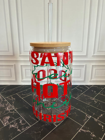Christmas Words Glass Tumbler – 16 oz, Custom Vinyl Colors