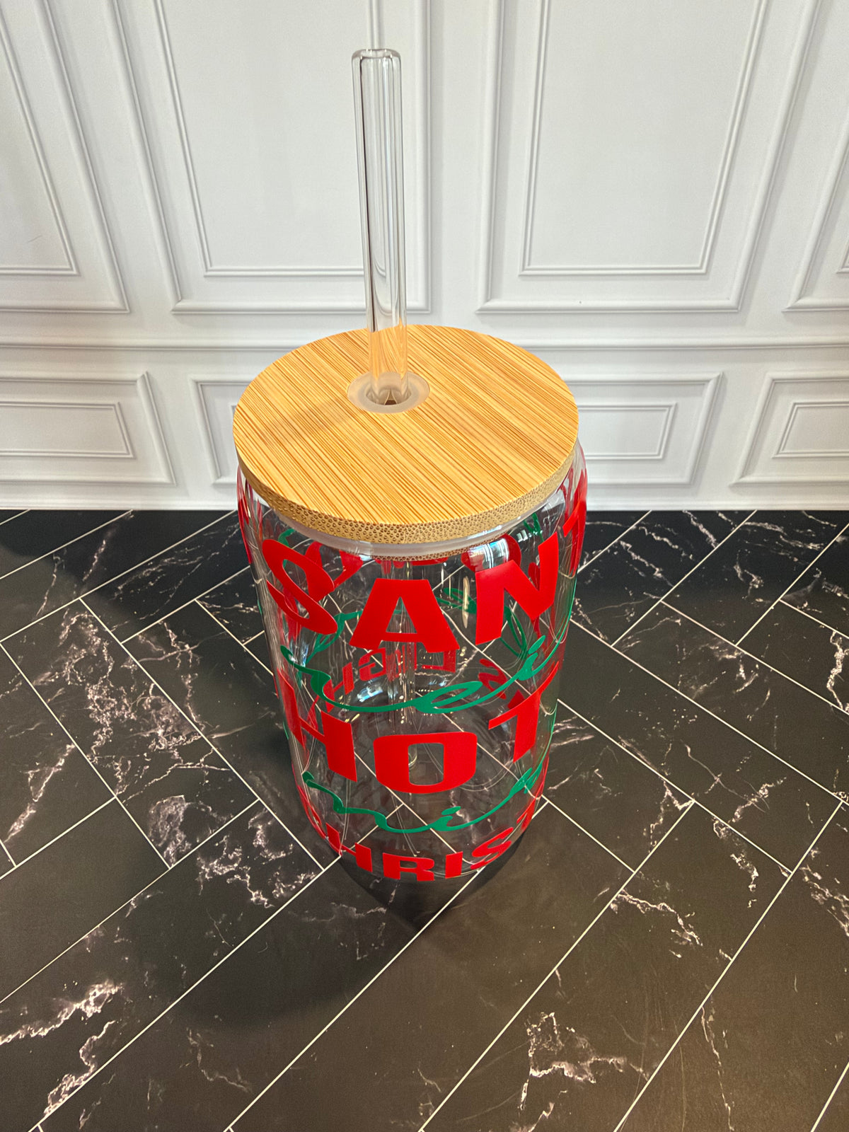 Christmas Words Glass Tumbler – 16 oz, Custom Vinyl Colors