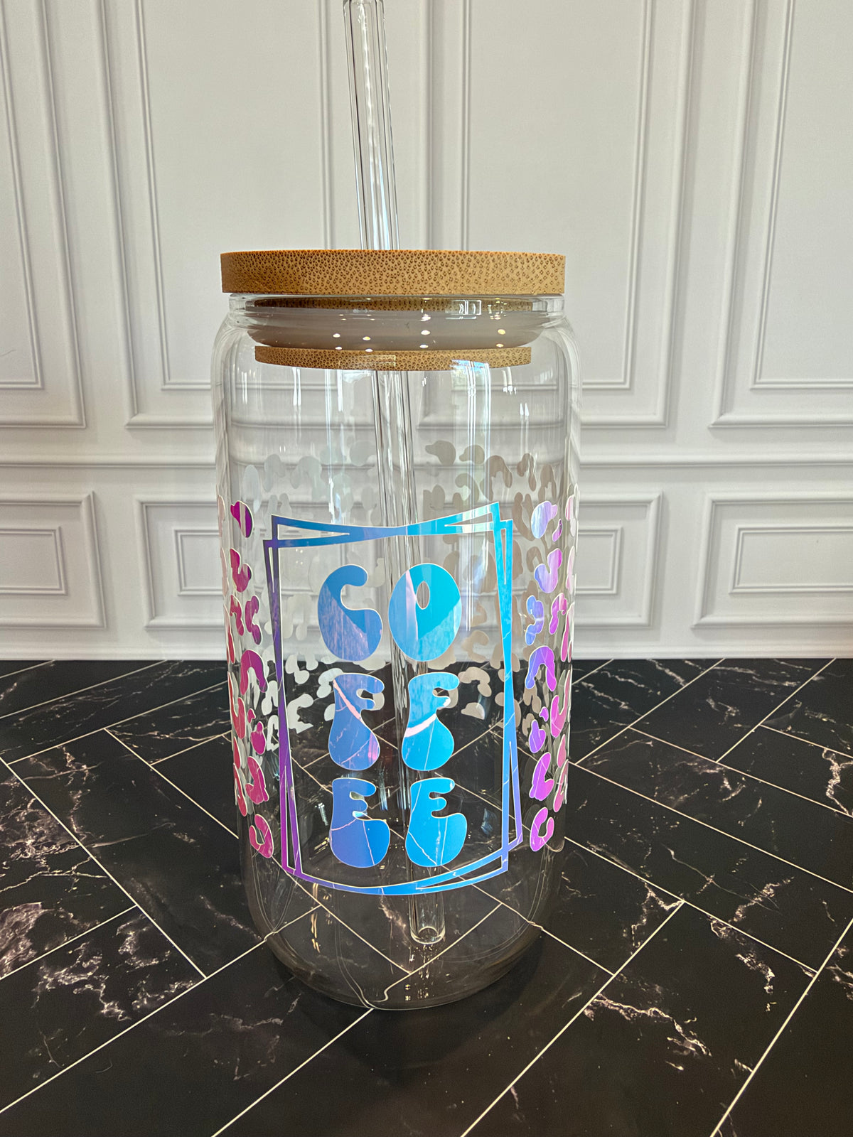 Leopard Coffee Glass Tumbler – 16 oz, Custom Vinyl Colors