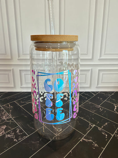 Leopard Coffee Glass Tumbler – 16 oz, Custom Vinyl Colors
