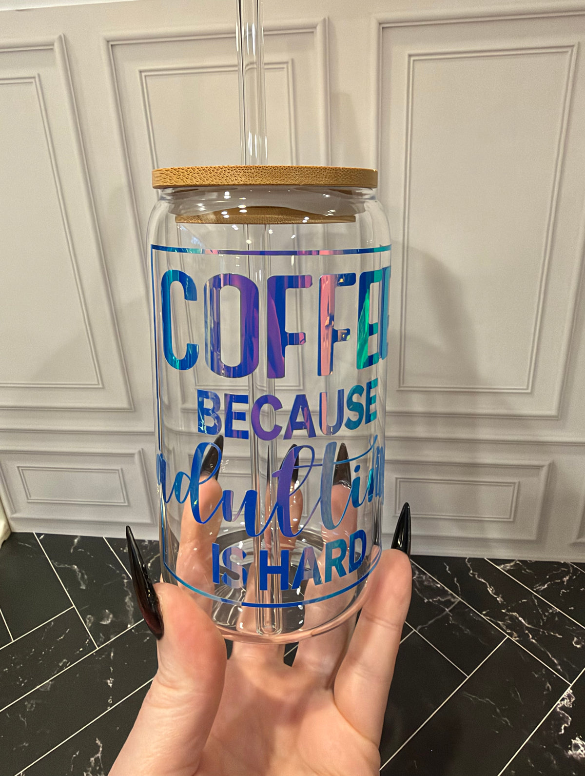 Coffee Because Adulting Is Hard | Holographic Glass Tumbler