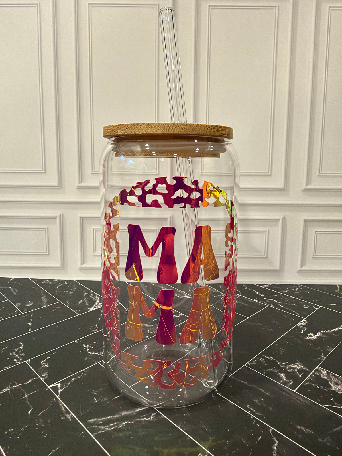 MAMA Leopard Print | Personalized Holographic Glass Tumbler