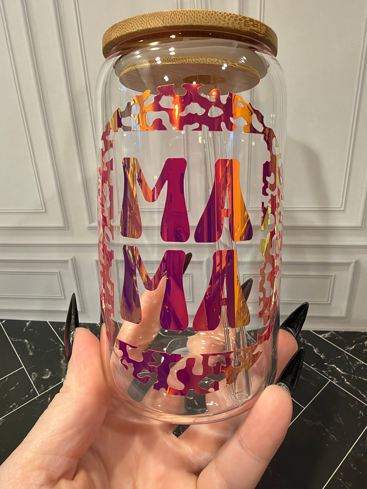 MAMA Leopard Print | Personalized Holographic Glass Tumbler